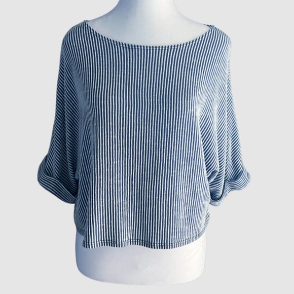 Caution to the Wind Striped Cropped Short Sleeve Top Blue/White, Size Medium - Picture 2 of 4